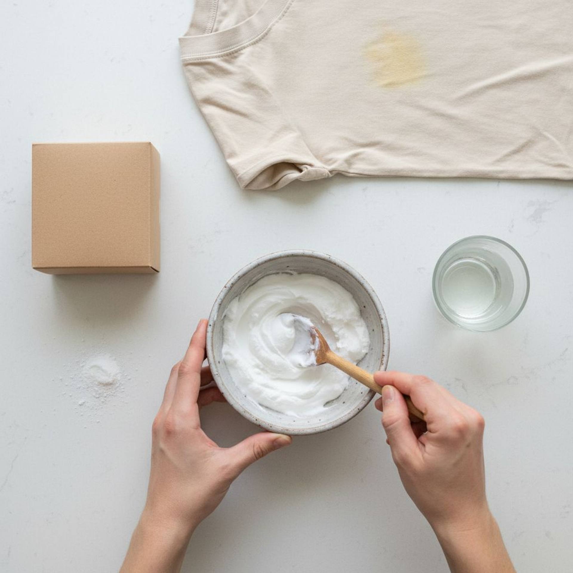 Hands mixing a thick white paste of baking soda and water in a small bowl with a wooden spoon, beside an open box of baking soda and a glass of lukewarm water, a cotton shirt with a stain in the background