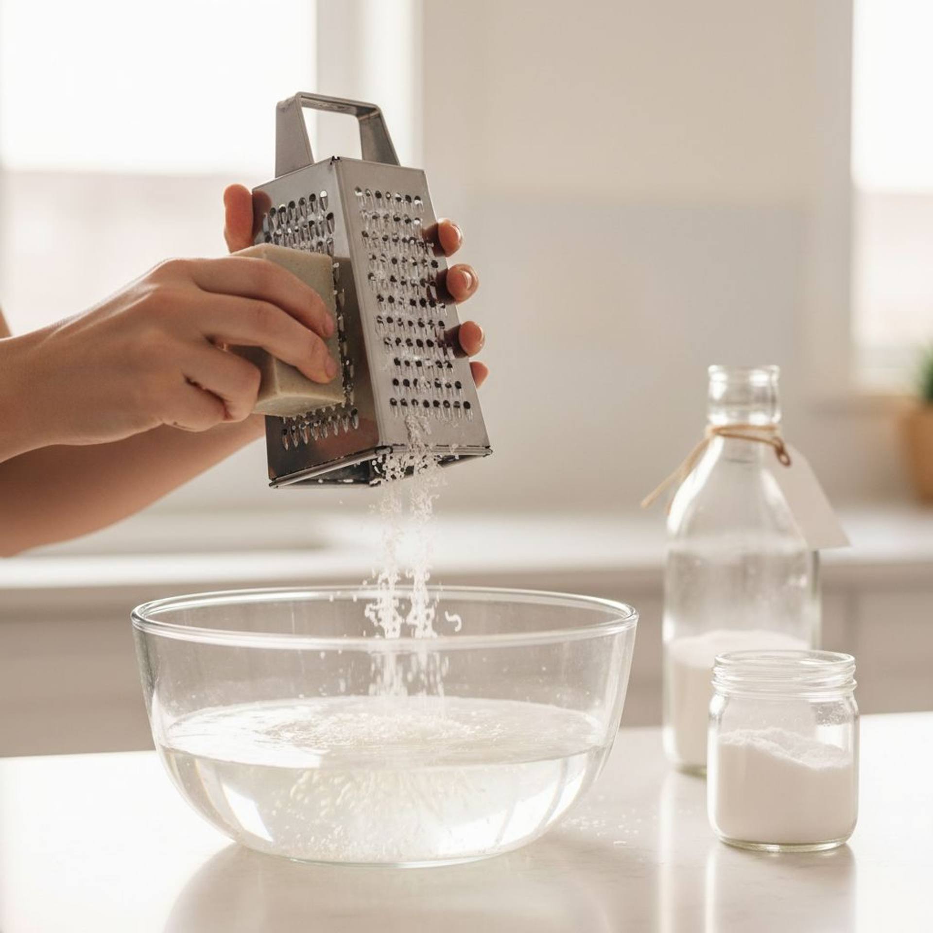 grating gray soap on a grater as the first step in preparing homemade laundry liquid