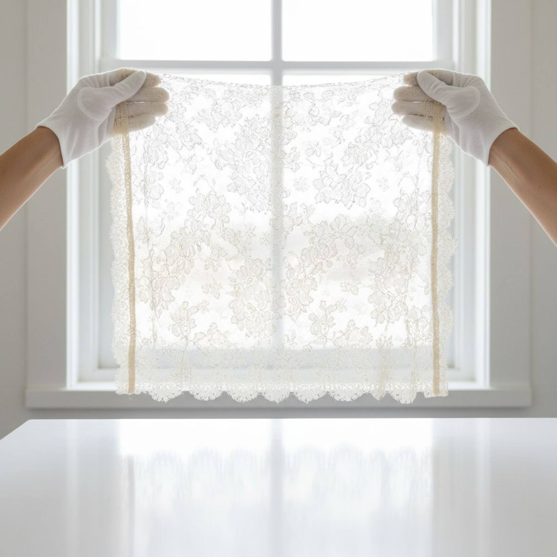 laundry specialist examining lace fabric under light before cleaning