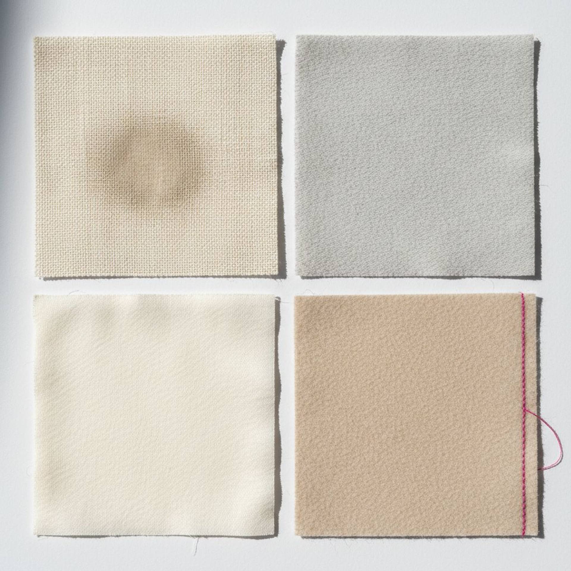 Four types of fabric arranged side by side, one showing an acetone stain