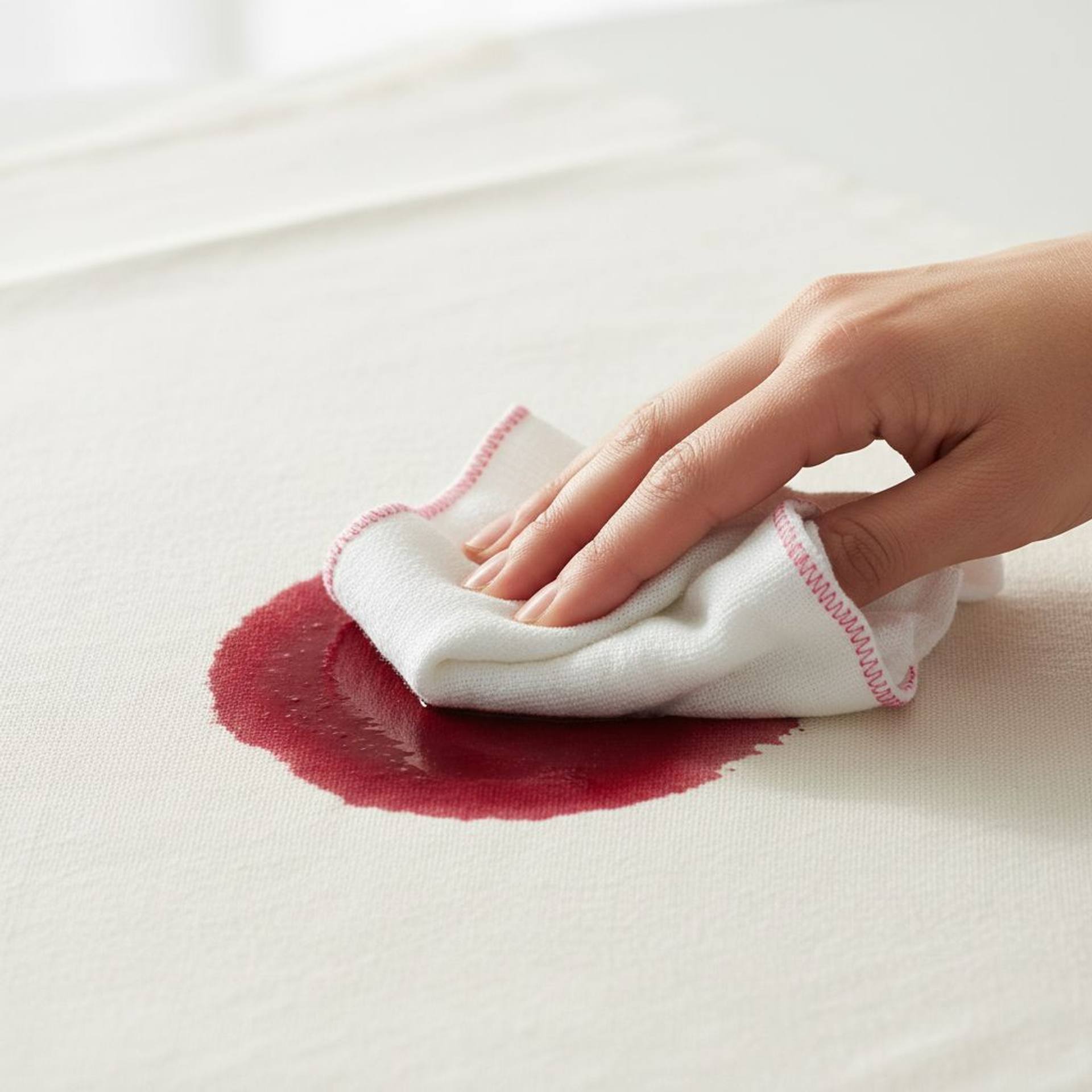 Flushing a fresh red wine stain with cold water on tablecloth