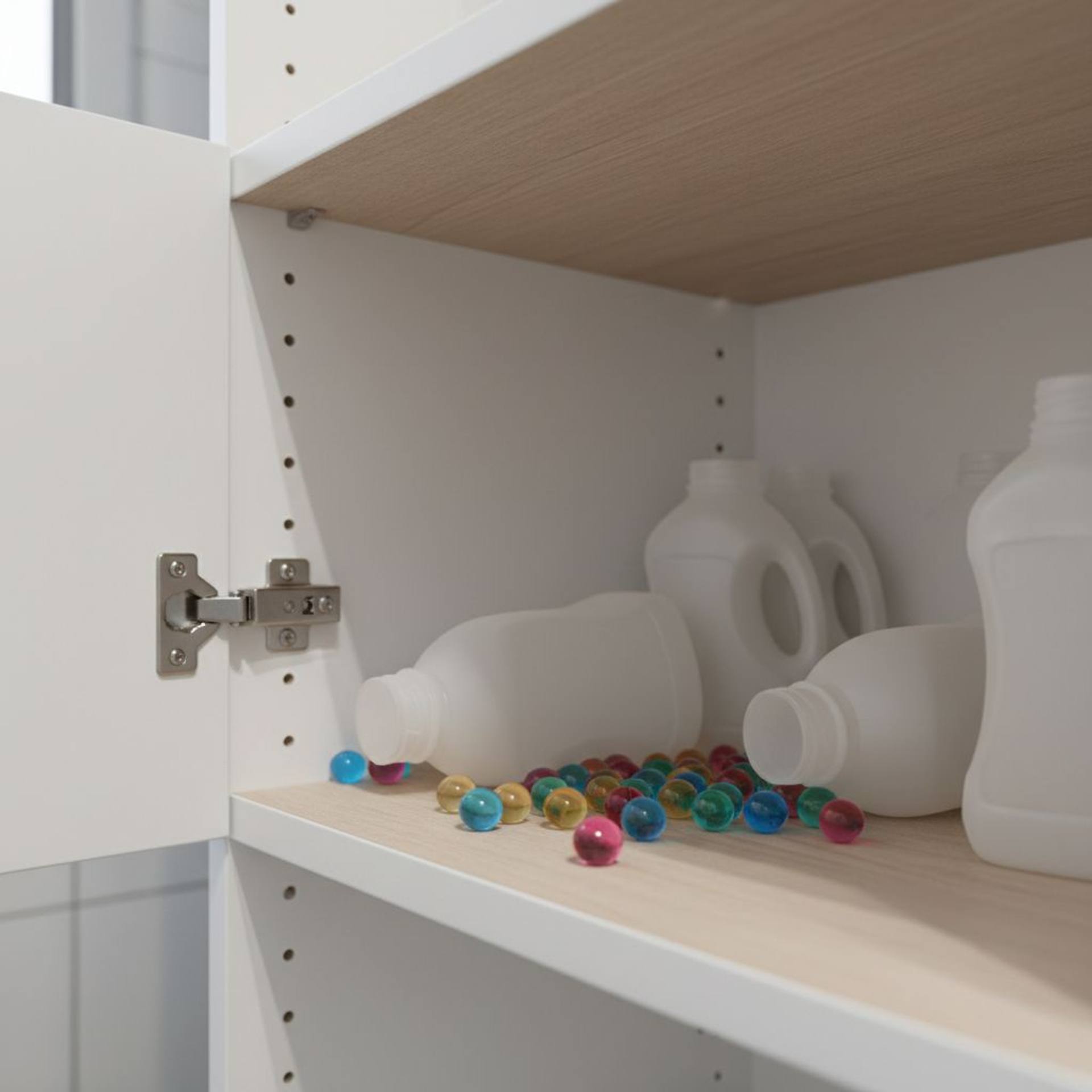 Laundry capsules and cleaning products stored within reach of a small child